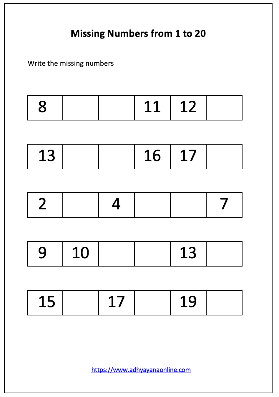 Missing Numbers Worksheets - Adhyayana